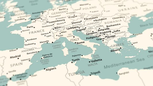 Italy on the world map. Smooth map rotation. 4K animation.