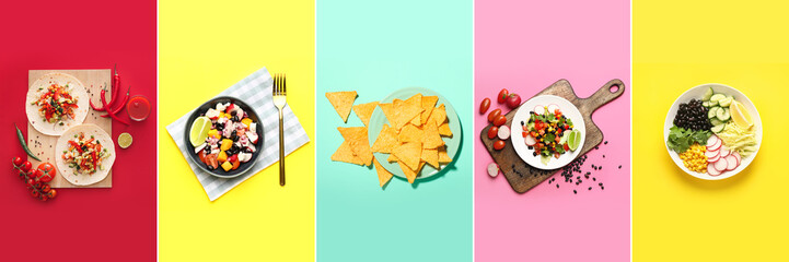 Group of traditional Mexican dishes on color background, top view