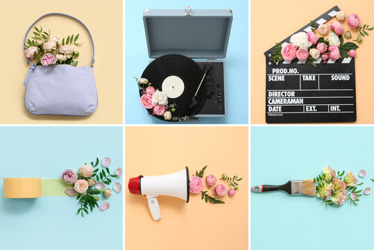 Collage of different items with beautiful flowers on beige and blue backgrounds