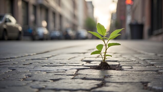 A small plant grows on a cracked urban sidewalk, showing hope's endurance. Generative AI