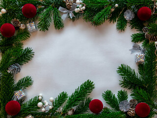 White background with silver cone, gift, red ball, spruce, Christmas tree.