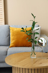 Coffee table with plant branches in vase and mirror in interior of living room