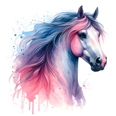 Obraz na płótnie Canvas Horse head. Portrait pink mare. Watercolor paint. Isolated illustration on a white background. Banner. Close-up. Generative AI