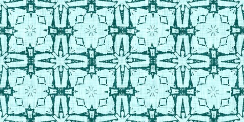 Teal green white vibrant watercolor batik azulejos tile border banner background. Seamless aqua coastal blur linen effect geometric mosaic effect.Boho Patchwork nautical masculine summer ribbon trim. 