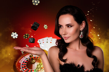Illustration collage artwork charming lady hold casino poker chips tokens roll dice cards jackpot roulette background