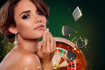 Collage photo illustration charming young lady touching chin roulette casino cards symbols jackpot background
