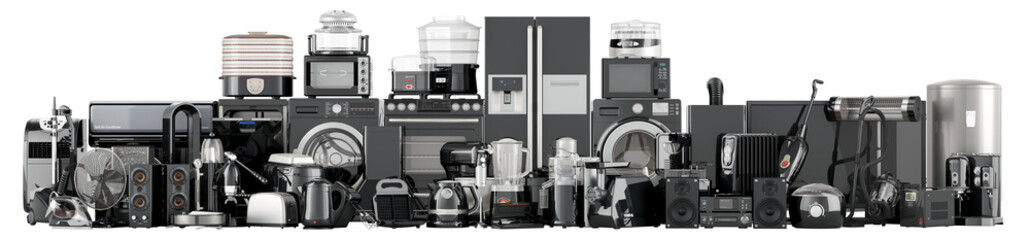 Black kitchen and household appliances, 3D rendering isolated on transparent background