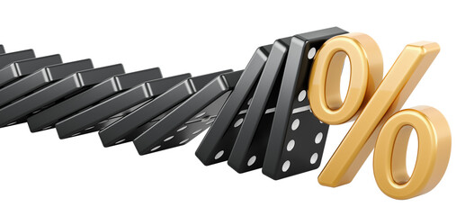 Crisis management, stop risk concept. Percent symbol stopped effect domino, 3D rendering isolated on transparent background