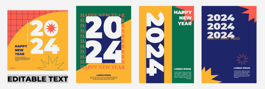 happy new year 2024 colorful yellow blue color poster squere vector