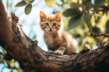 A ginger kitten with bright blue eyes sits on a tree branch, surrounded by leaves.