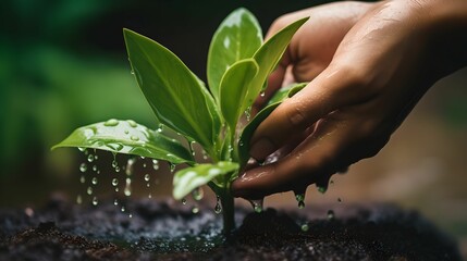 Gentle Watering Close-Up, hands, potted green plant, water droplets