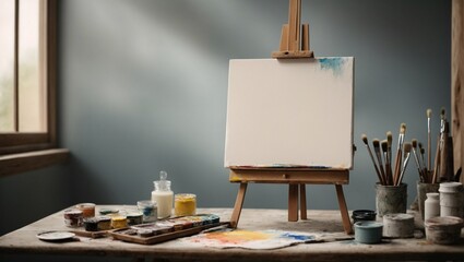 A blank canvas or easel with an artist's brush and paint palette against a serene, muted background. Art and artist concept. Creativity idea. Copy space.