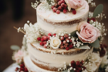 A rustic wedding cake with white icing, decorated with pink roses, red berries, and baby's breath.