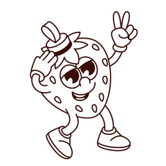 Groovy Christmas Tree toy monochrome character vector illustration. Cartoon isolated retro Xmas decoration sticker of strawberry with cute face, Christmas bauble mascot with victory gesture