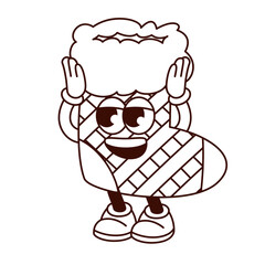 Groovy Christmas stocking character vector illustration. Cartoon isolated retro Xmas monochrome sticker of funny boot of Santa or sock for present, Christmas gift mascot with happy face