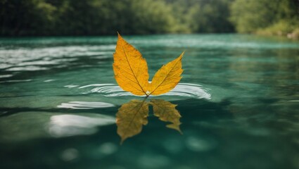 Obraz premium A single leaf floating in crystal-clear water against a serene nature background. Environmental protection and nature concept. Peace and tranquility in nature. Copy space.
