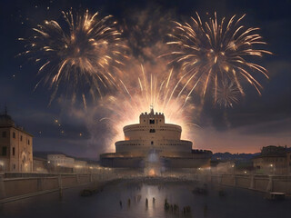 Rome and the fireworks above Castel Sant'Angelo - obrazy, fototapety, plakaty