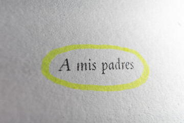 Macro Photo Close-up: Book with the Word 'A mis padres' Highlighted with Fluorescent Marker