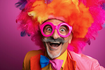 A happy man with a colorful feathered headdress and a pink suit is posing in front of a solid pink background, ai generative