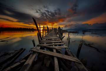 a dilapidated wooden pier at sunset with a dramatic sky and calm water, ai generative