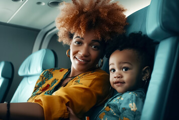 mother and son seated on a plane, one resting their head on the other s shoulder. a sense of...