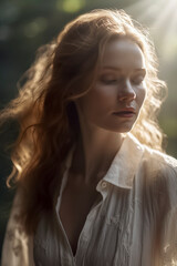 pretty woman standing in a forest, sunlight shining through the trees. They re wearing a white blouse with a lace collar, ai generative