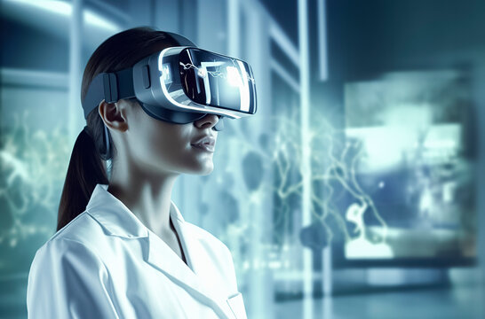 a woman in a white lab coat, wearing a virtual reality headset in a futuristic laboratory setting with a large screen and various scientific equipment, ai generative - Powered by Adobe
