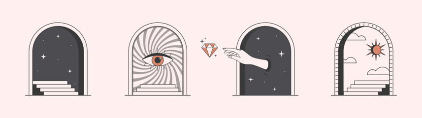 Vector mystic logo design templates with portals,steps,eye,hand reaches for a gem,sun and moon.Surreal abstract illustrations in trendy minimal outline style.Magical emblems.Branding design templates.