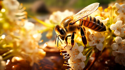 Abeja primer plano fotografía macro - Flores con polen - obrazy, fototapety, plakaty