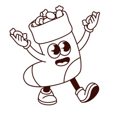 Groovy monochrome Christmas stocking character vector illustration. Cartoon retro Xmas sticker of funny boot of Santa full of gifts and treats for children, cute Christmas sock mascot holding candy