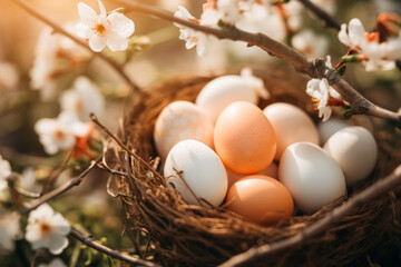 A warm, golden hour scene of a nest with a collection of Easter eggs nestled among delicate white spring blossoms. natural and pastel colors, symbolizing renewal and the festive spirit of Easter.
