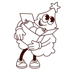 Groovy Christmas Tree character vector illustration. Cartoon monochrome retro Xmas sticker of happy green fir tree holding box with balls to decorate, preparation for Christmas party of comic mascot