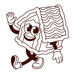 Groovy Gingerbread house character vector illustration. Cartoon monochrome retro Xmas sweet food sticker of ginger house cake with candy and icing decoration, happy Christmas mascot walking and waving
