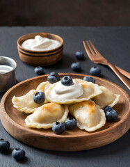 Delicious Pierogi with blueberries and sour cream - tasty polish dish, sweet pirogi