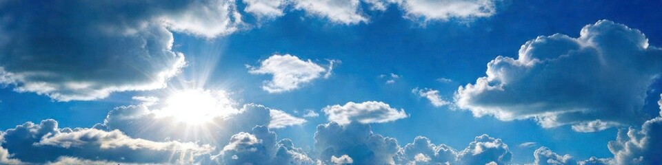Naklejka na ściany i meble Abstract photorealistic banner white clouds on blue sky, background for design