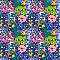 Fototapeta premium Cartoon retro monsters seamless Halloween pattern for wrapping paper and fabrics and linens and kids