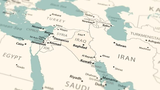 Iraq on the world map. Smooth map rotation. 4K animation.