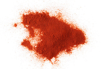 Pile of red paprika powder scattered isolated on white, top view - obrazy, fototapety, plakaty