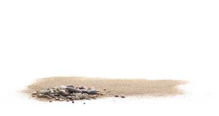 Sand pile scatter with small pebbles isolated on white background and texture, clipping path, side...