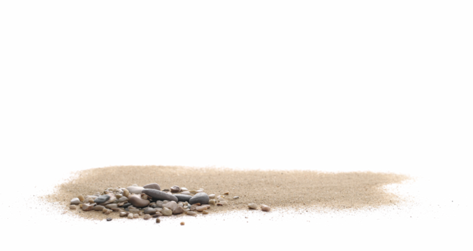 Sand pile scatter with small pebbles isolated on white background and texture, clipping path, side view