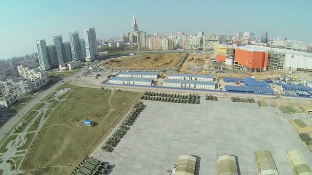 Cityscape with military machines for Victory Day Parade
