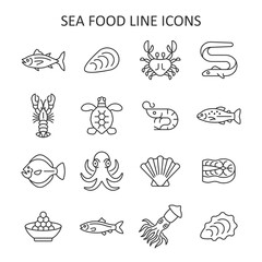 Seafood line icon set. Vector collection with tuna, crab, lobster, shrimp, trout, caviar, squid, octopus.