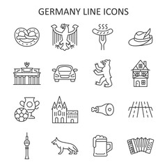 Germany line icon set. Vector collection symbol with coat of arms, sausage, car, fachwerk house, soccer ball, mug of beer, accordion. - 695104312