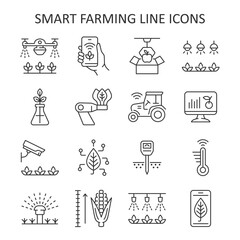 Smart farming line icon set. Vector collection with tractor, watering system, agriculture drone, robot, surveillance camera, smartphone, ph meter.
