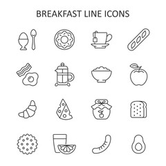 Breakfast line icon set. Vector collection symbol with egg, donut, apple, croissant, avocado, tea cup, toast, coffee. - 695104316