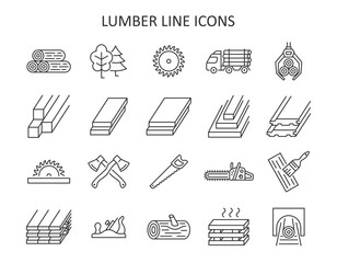 Lumber line icon set. Sawmill collection with log, axe, logging truck, saw, tree, carpentry. - 695104317