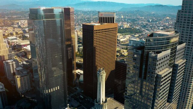 Aerial view of skyscrapers and towers in Los Angeles. 