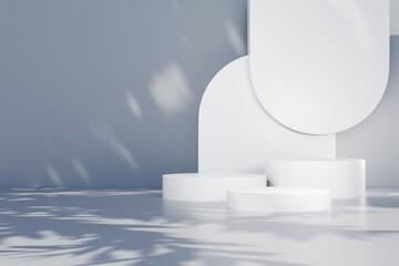 3d Abstract white room with realistic white cylinder pedestal podium set and leaf shadow overlay. Minimal design scene for stage product display presentation. Geometric platform.3D render illustration