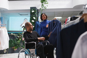 Clothing store asian woman worker consulting arab man customer with physical disability in choosing formal jacket. Boutique seller offering stylish outfit while assisting client in wheelchair