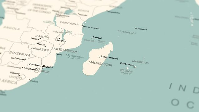 Madagascar on the world map. Smooth map rotation. 4K animation.